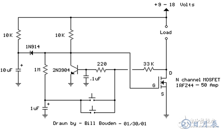 當(dāng)開關(guān)按下時，1uF電容被連接到220歐姆和33K電阻連接點(diǎn)，NPN晶體管截止，場效應(yīng)管導(dǎo)通開啟負(fù)載。釋放按鈕后，1uF電容通過1M電阻充電。第二次按下開關(guān)，1uF電容充電后的電壓被加載到NPN晶體管基極，晶體管導(dǎo)通，場效應(yīng)管關(guān)閉，負(fù)載斷電。